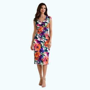 Lauren Ralph Lauren Floral Sheath Dress Size 12 Vibrant Print Midi Cap Sleeve